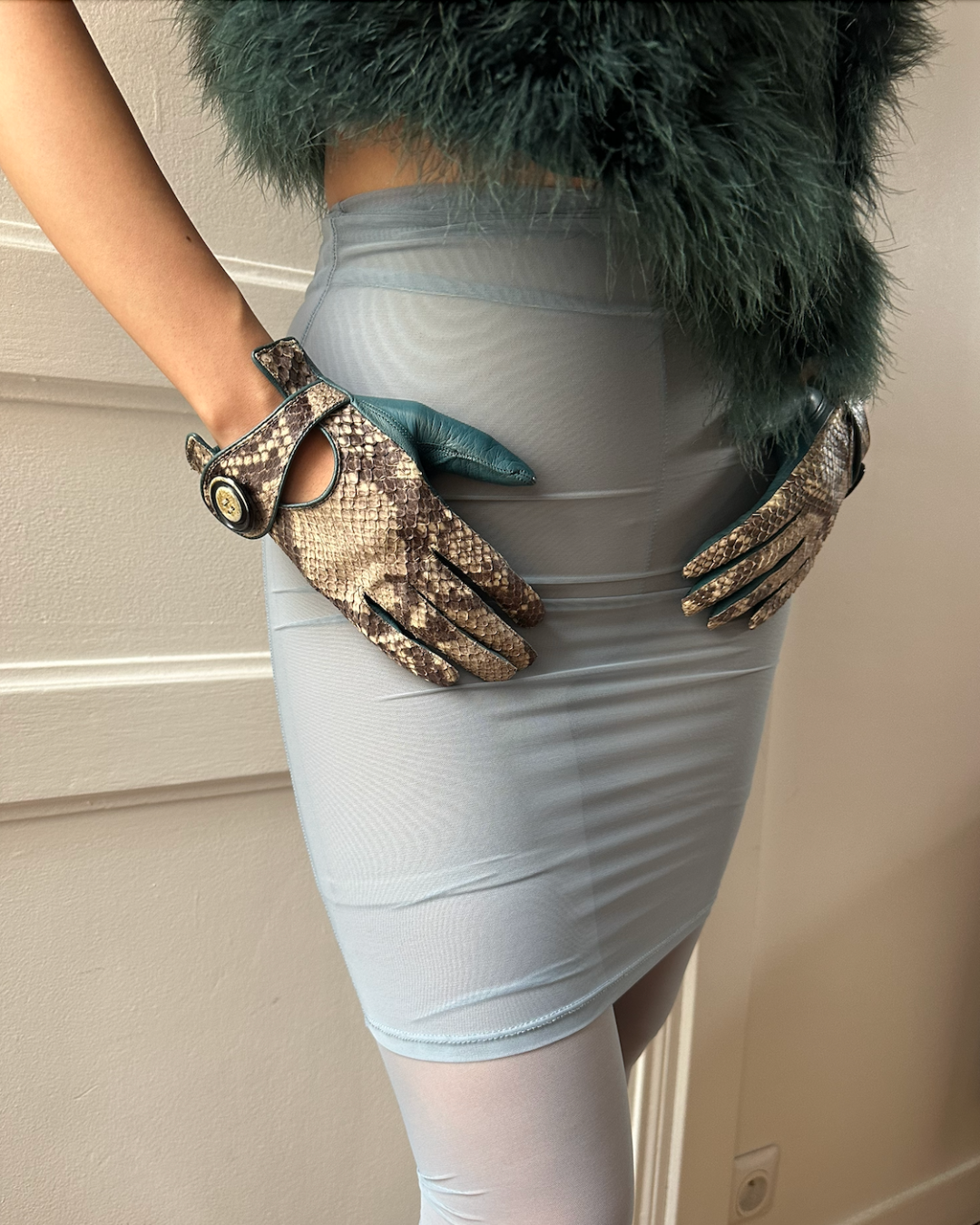 Teal blue leather gloves