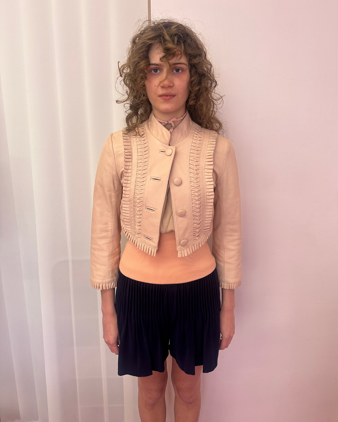 Short powder pink leather jacket