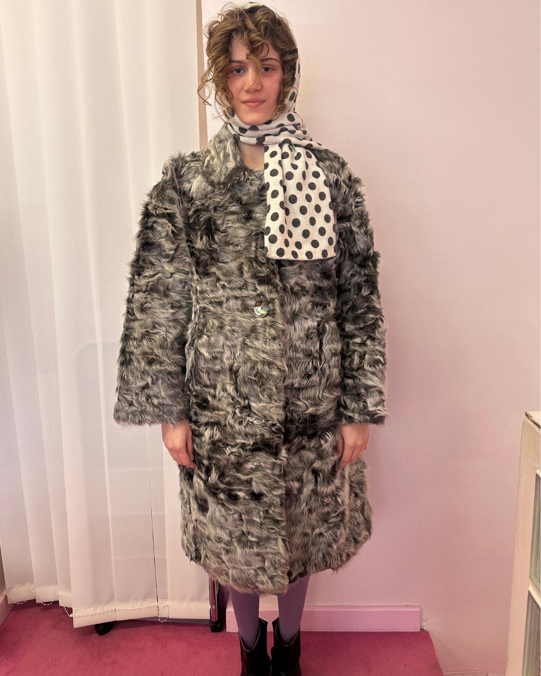 Grey fur with iridescent buttons