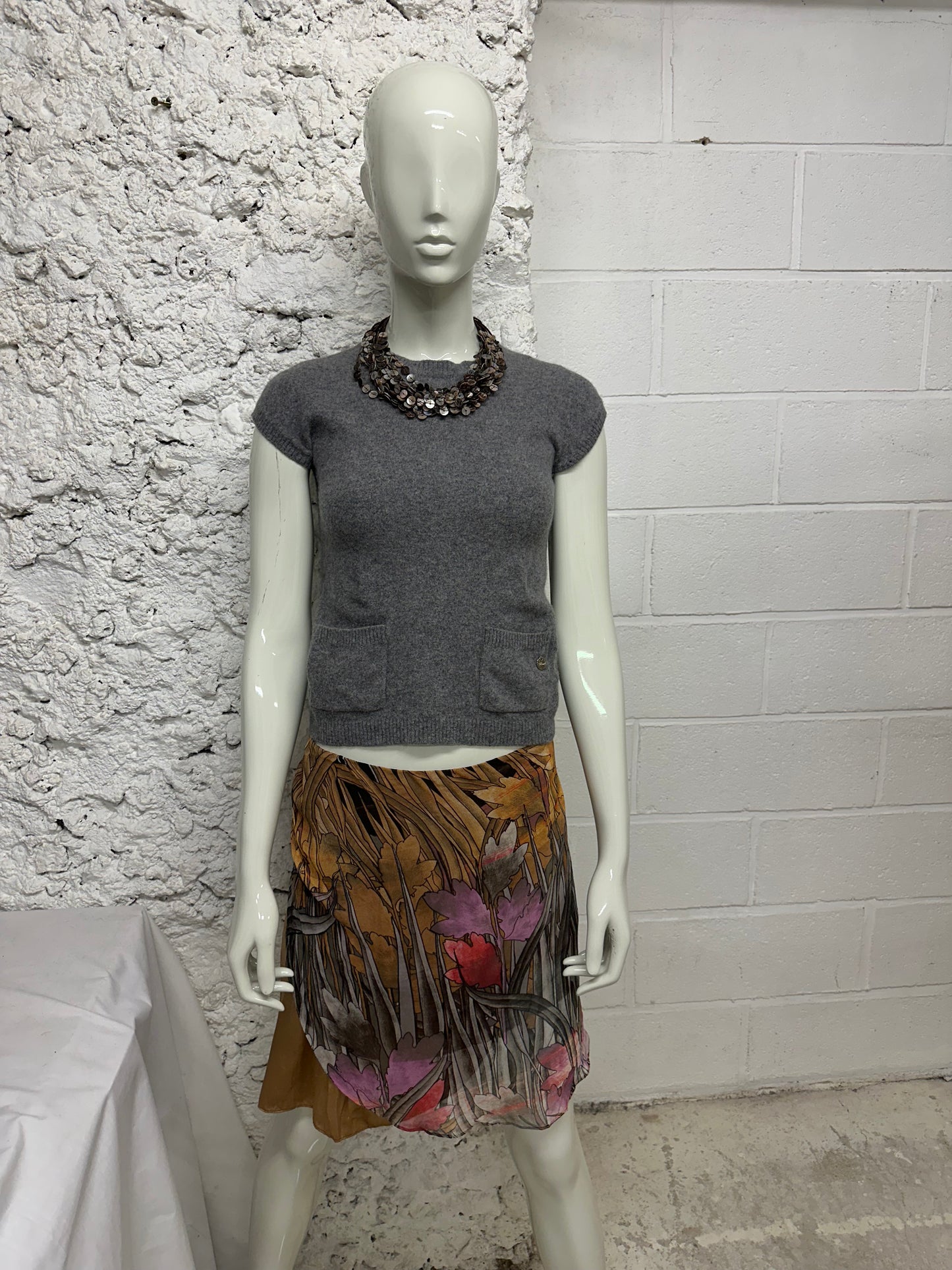 Flower-print silk skirt