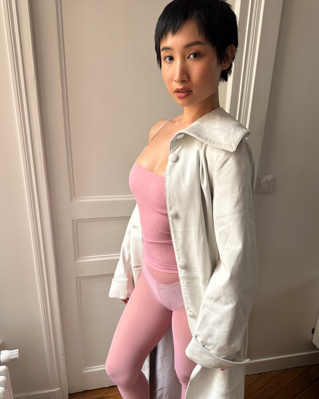 White leather trench coat