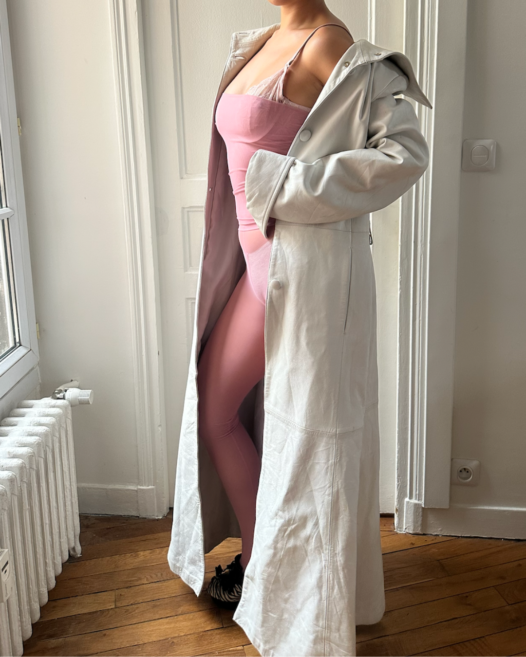 White leather trench coat