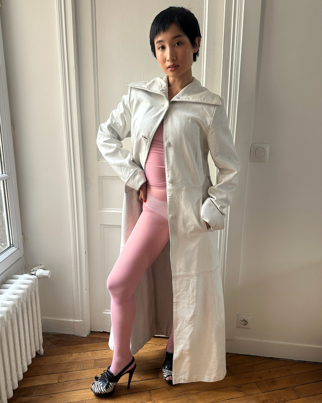White leather trench coat