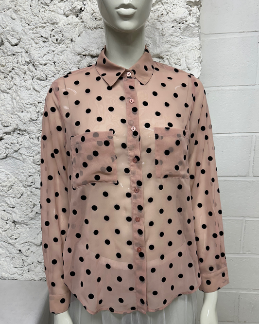 Transparent pink shirt with black velvet polka dots