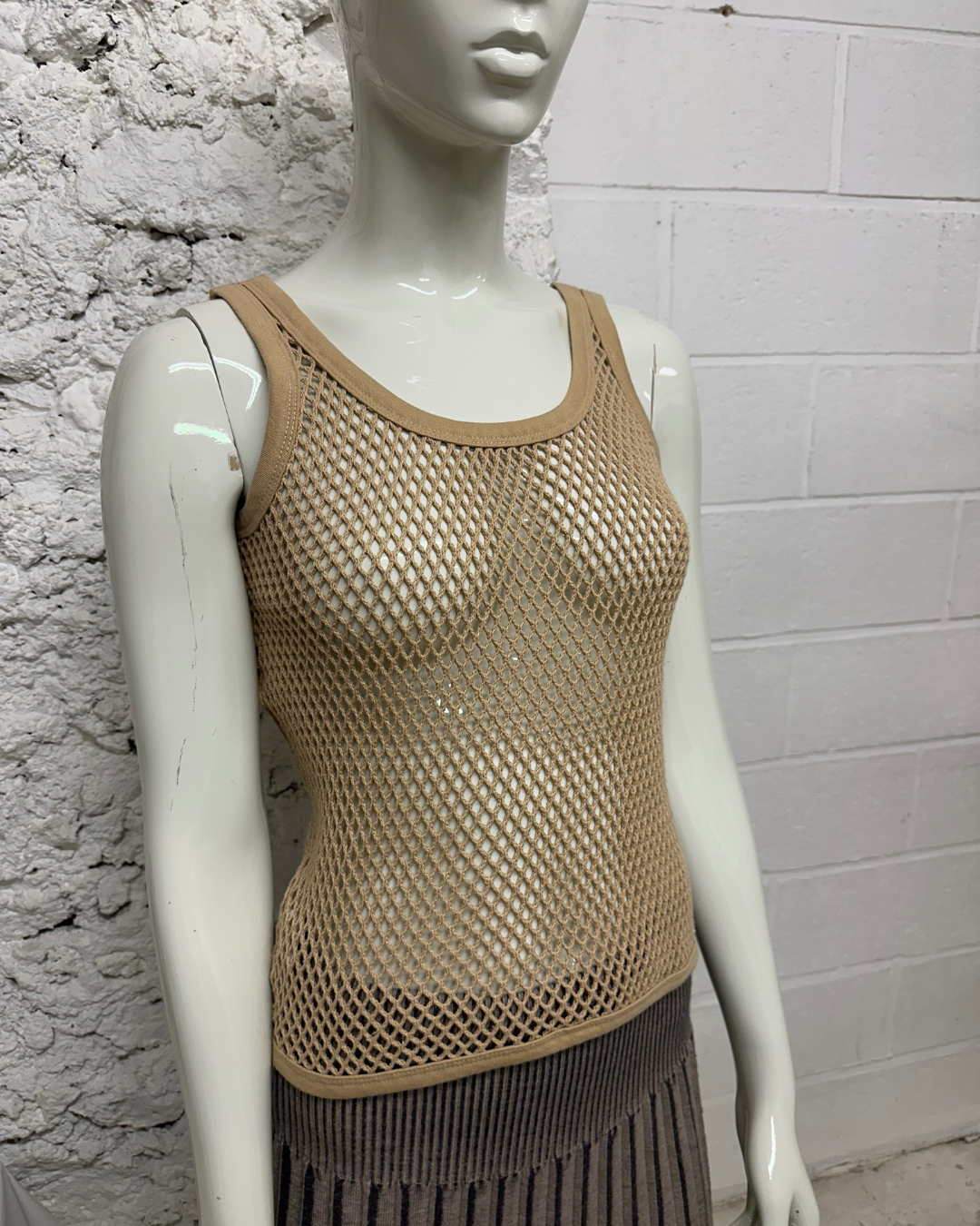 Beige fishnet tank top