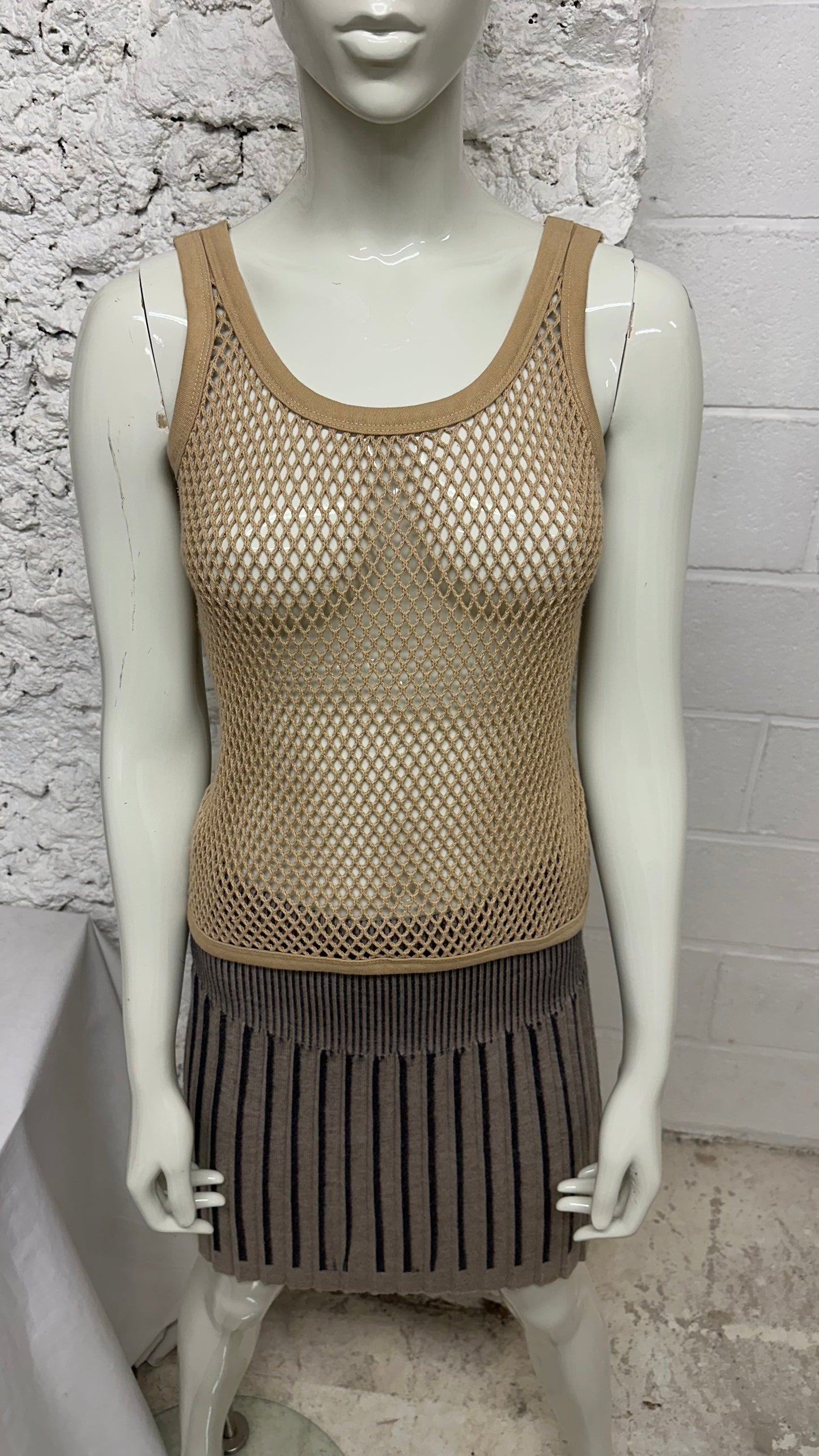 Beige fishnet tank top