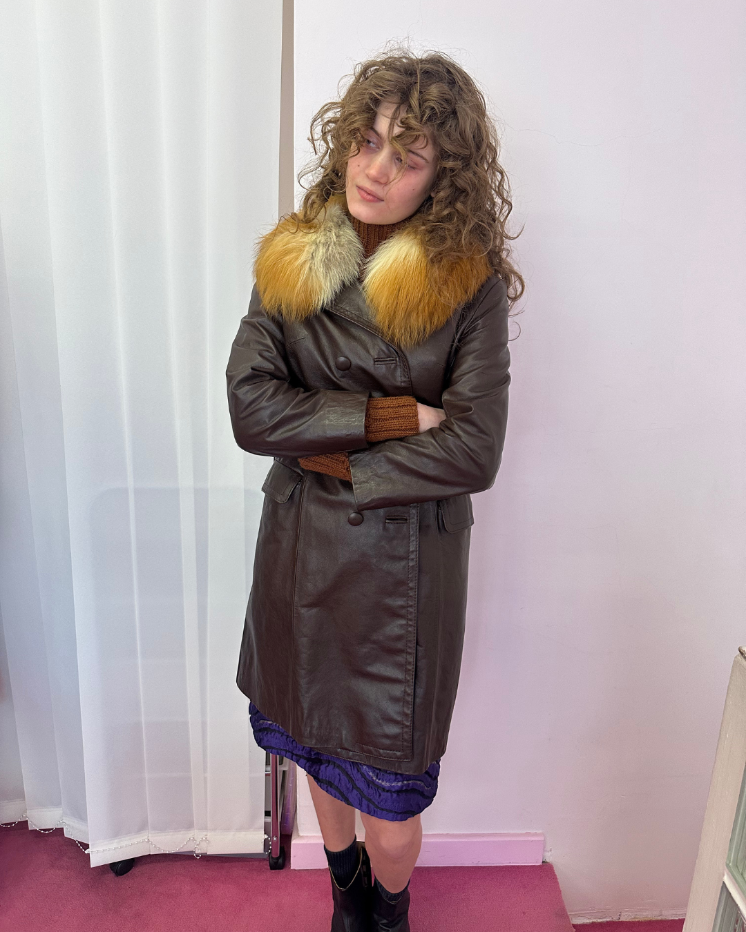 Brown leather jacket with fur collar