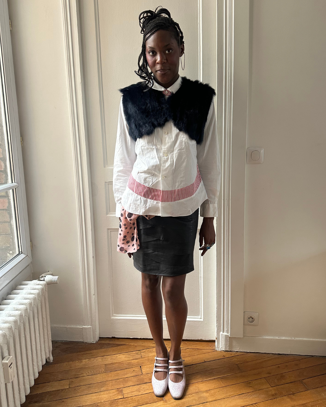 Black leather skirt with ruffles