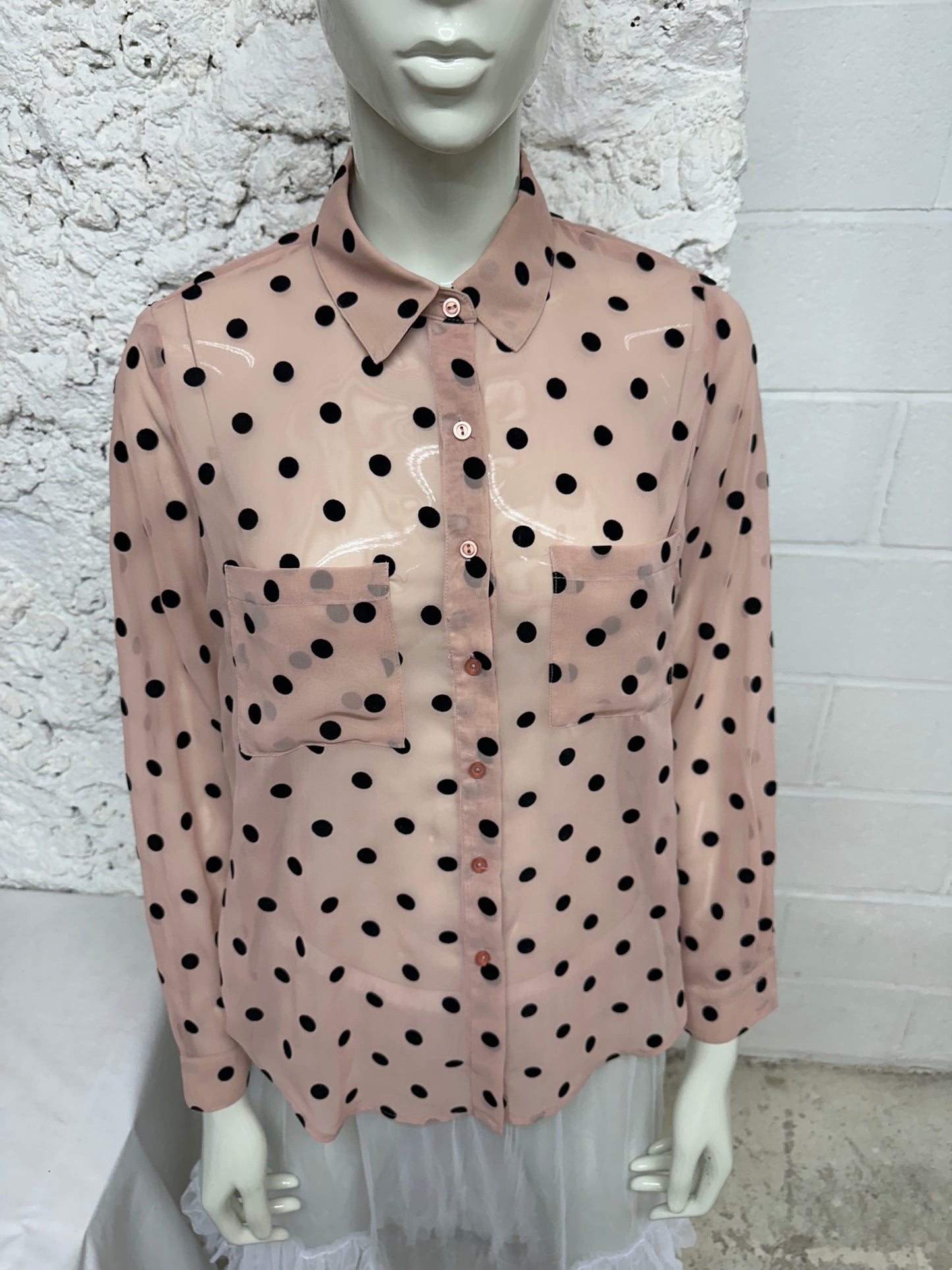 Transparent pink shirt with black velvet polka dots