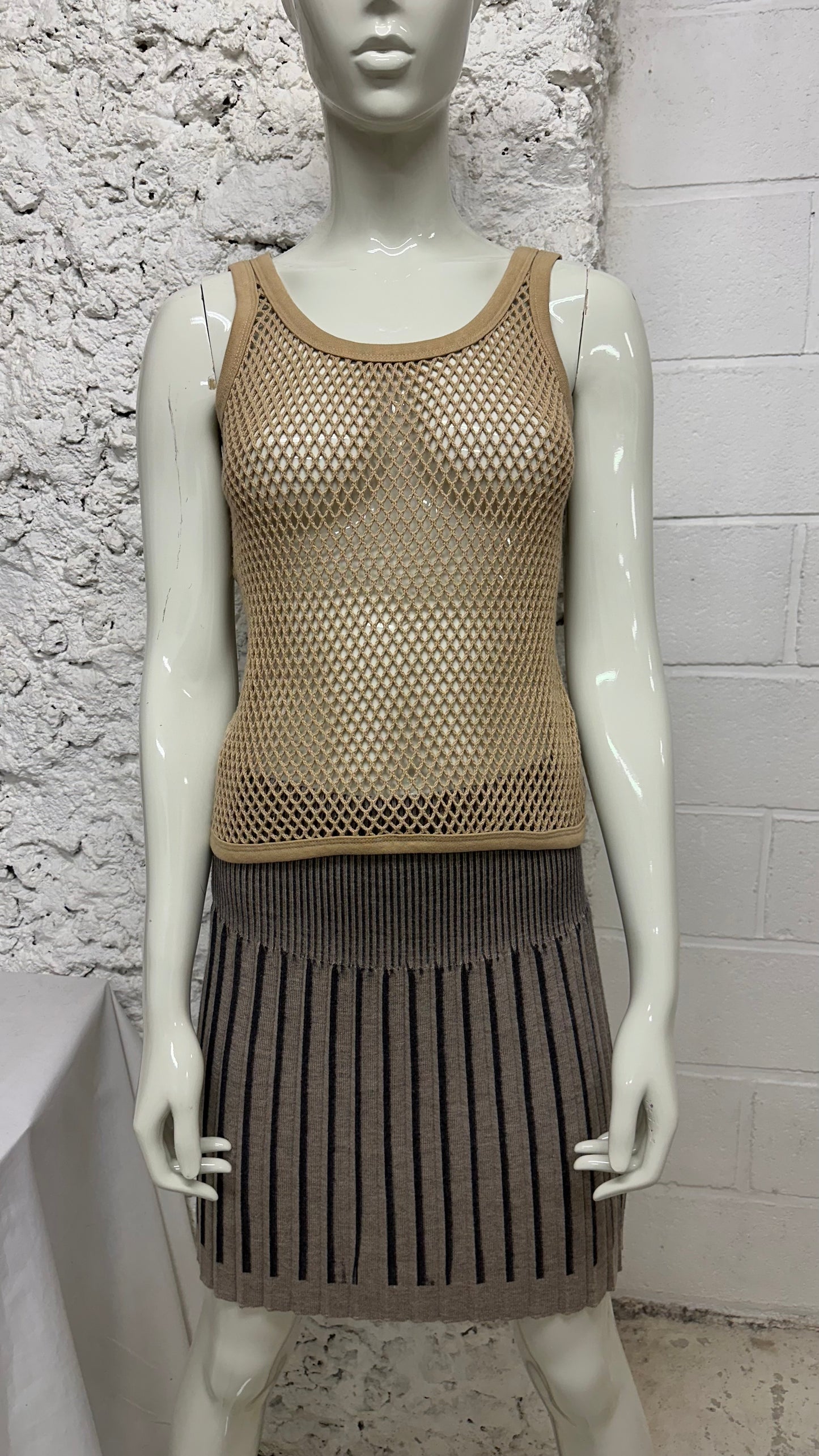 Beige fishnet tank top