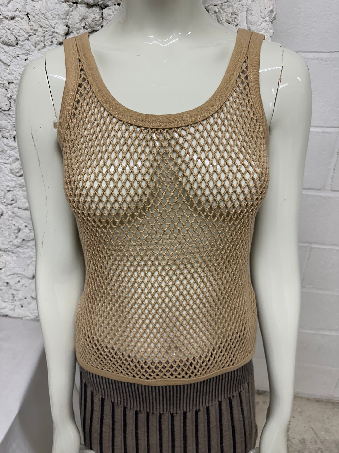 Beige fishnet tank top